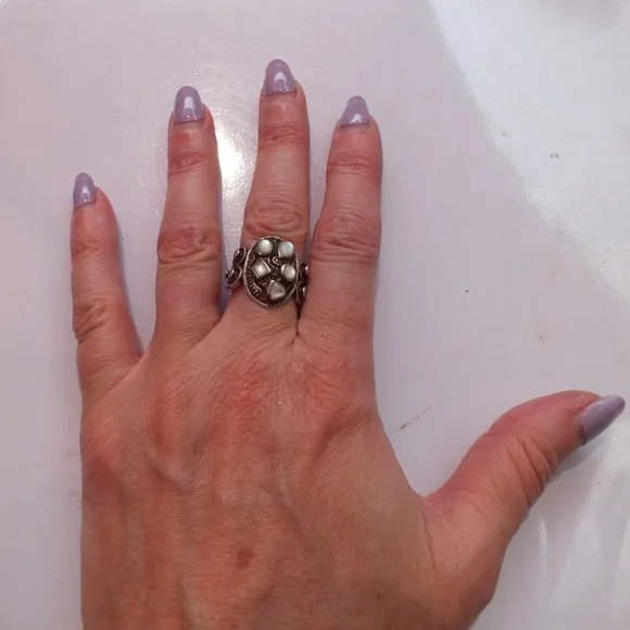 Sterling Silver Moonstone Cluster Statement Ring, Size 7, Unique Split Band - Picture 7 of 9